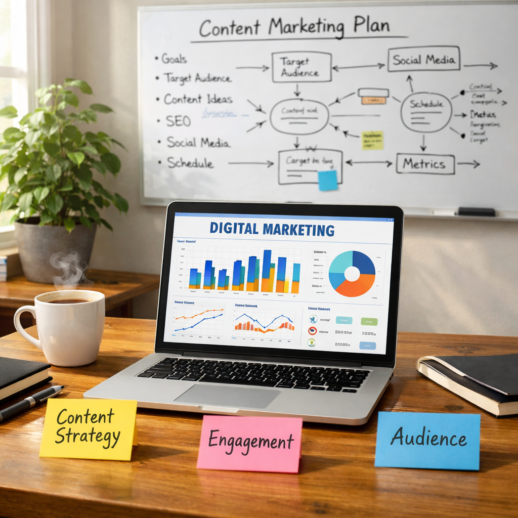 a vibrant workspace filled with digital marketing tools and resources